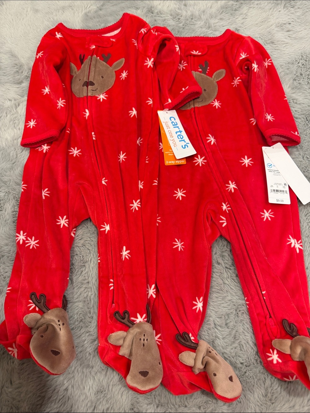 Carter's Red Reindeer Plush Footed One-Pieces - 2 Pack